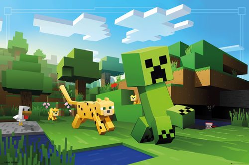 Kolorowy plakat przedstawia grę Minecraft