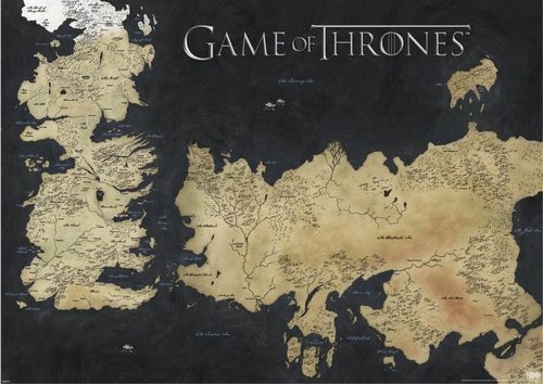 Całościowy widok plakatu z mapą Westeros i Essos.