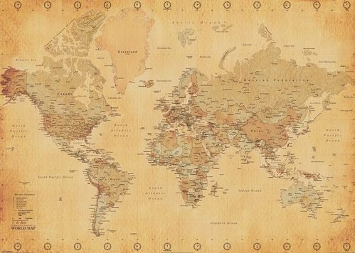 Całość plakatu Mapa Świata w stylu Vintage.