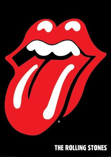 Plakat z językiem The Rolling Stones na czarnym tle.