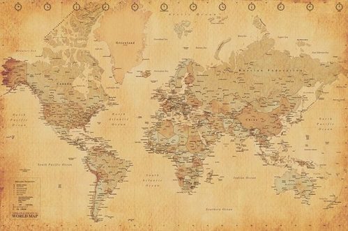 Całościowy widok plakatu z mapą świata vintage.