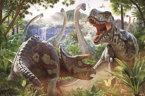 Zdjęcie plakatu przedstawiającego dinozaury.