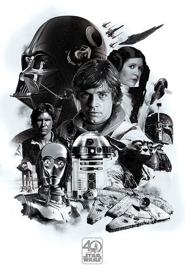 Całkowity widok plakatu filmowego Star Wars.