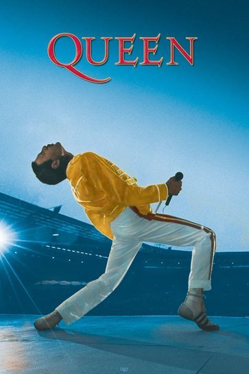 Zbliżenie na plakat Queen Live at Wembley, ukazujące intensywne barwy.