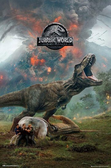 Cały plakat Jurassic World z dominującym T-Rexem.