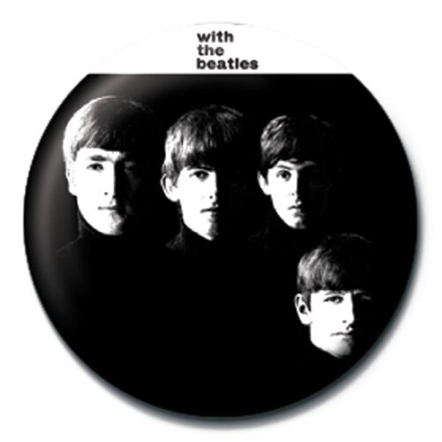 Przypinka z czarno-białym zdjęciem The Beatles.