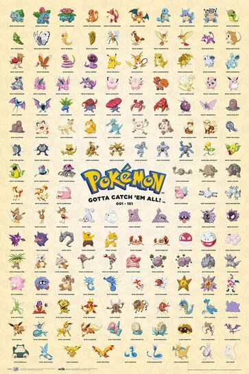 Szczegółowy kadr różnych Pokemonów z plakatu.