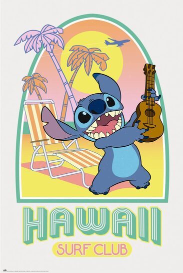 Całościowy widok plakatu Stitch na hawajskiej plaży.