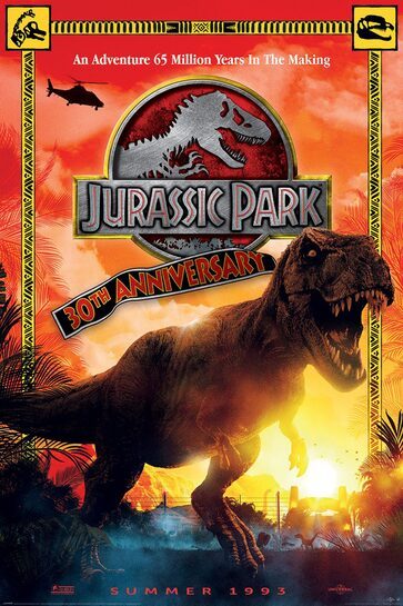 Pełen widok plakatu jubileuszowego Jurassic Park.