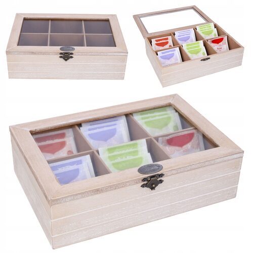 Pudełko na herbatę 6 przegród skrzynka drewniana organizer herbaciarka