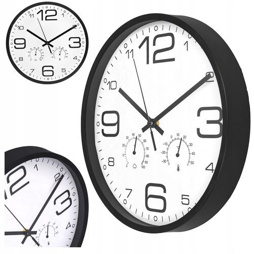 Zegar ścienny na ścianę 30 cm czarny do salonu kuchni + higrometr termometr