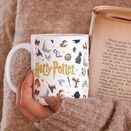 Ręka trzymająca kubek z tłem książek o Harrym Potterze.