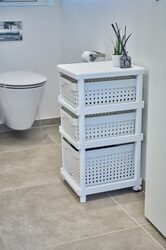 Regał biały łazienkowy szafka z koszyczkami kółka