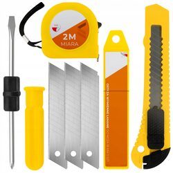 ZESTAW NARZĘDZIOWY miarka śrubokręt tapeciak nóż do tapet ostrze zapas x3