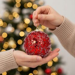 Bombka choinkowa brokatowa czerwona w gwiazdki 8 cm ozdoba nietłukąca