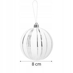 Bombka choinkowa ryflowana biała ze srebrnymi paskami 8 cm ozdoba duża