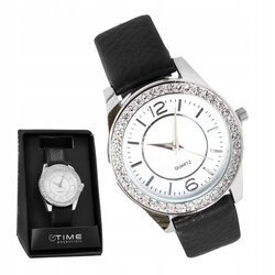 Zegarek damski elegancki klasyczny czarny skórzany pasek prezent dla mamy