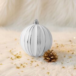 Bombka choinkowa ryflowana biała ze srebrnymi paskami 8 cm ozdoba duża