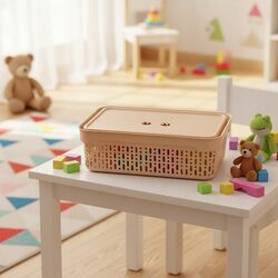 Koszyk organizer beżowy 30x20x9 plastikowy pojemnik z pokrywką do szuflady