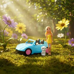 LALKA Z SAMOCHODEM zestaw z pieskiem ubranka sukienki niebieski kabriolet