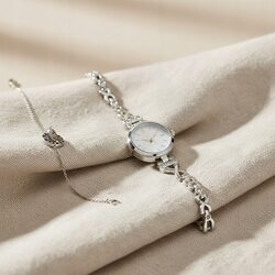 ZEGAREK DAMSKI Z BRANSOLETKĄ biżuteryjny komplet srebrny stalowy dla żony