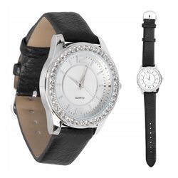 Zegarek damski elegancki klasyczny czarny skórzany pasek prezent dla mamy