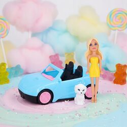 LALKA Z SAMOCHODEM zestaw z pieskiem ubranka sukienki niebieski kabriolet