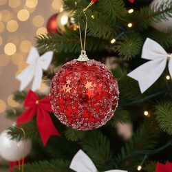 Bombka choinkowa brokatowa czerwona w gwiazdki 8 cm ozdoba nietłukąca