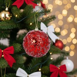 Bombka choinkowa brokatowa czerwona w gwiazdki 8 cm ozdoba nietłukąca