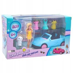 LALKA Z SAMOCHODEM zestaw z pieskiem ubranka sukienki niebieski kabriolet