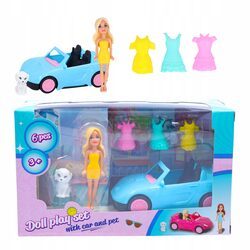 LALKA Z SAMOCHODEM zestaw z pieskiem ubranka sukienki niebieski kabriolet