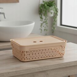 Koszyk organizer beżowy 30x20x9 plastikowy pojemnik z pokrywką do szuflady
