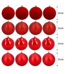 BOMBKI CHOINKOWE 16 sztuk czerwone 8 cm zestaw 4 mat połysk welur